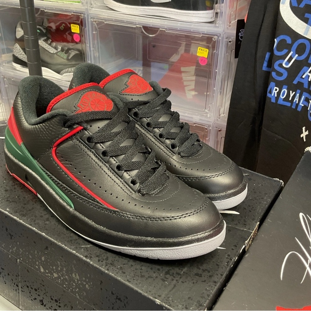 Jordan Black and Red Sneakers with Green Accents